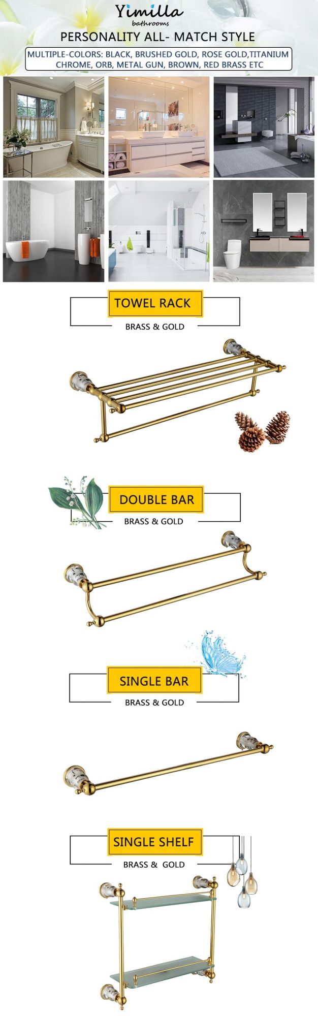 Wholesale Bathroom Accessory Luxurious Crystal Gold Towel Rack