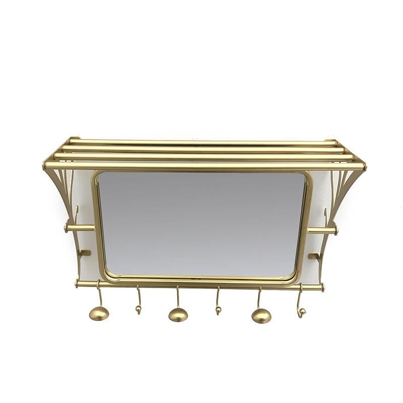 Large Rectangle Golden Metal Framed Wall Mirror with Shelf and Towel Rack for Bathroom Decor