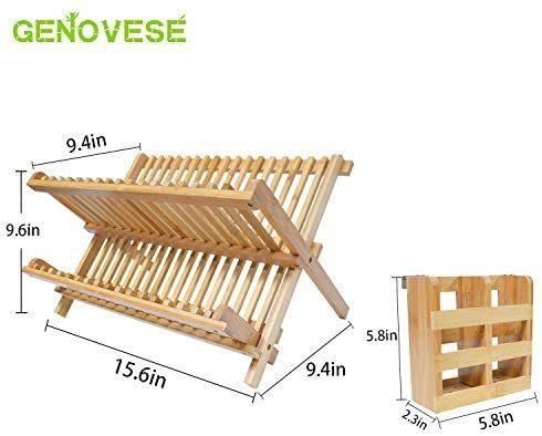 Bamboo Dish Drying Rack with Utensil Flatware Holder, 2-Tier Folding and Compact Drainer Kitchen (1 Utensil Holder) 18 Slots
