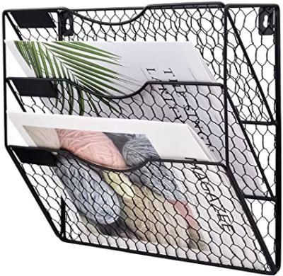 3 Tier Wall File Holder Hanging Mail Organizer Metal Chicken Wire Wall Mount Magazine Rack, Black