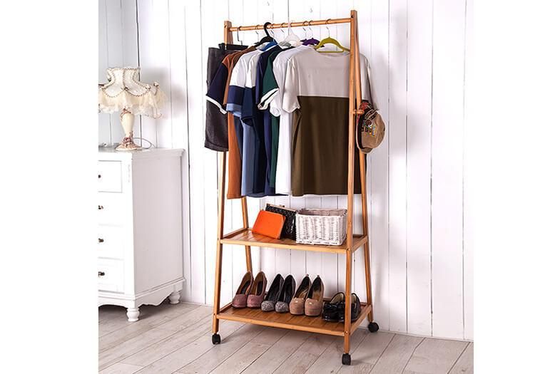 Multi-Function Bamboo Garment Laundry Storage Hanger Cloth Rack with Rolling Wheel for Entryway and Bed Room