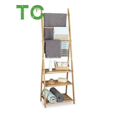 Wholesale Foldable Bamboo Free-Standing Towel Rack Towel Holder Bamboo Ladder Towel Rack Stand Bamboo Towel Rack with 3 Shelves 3 Rails