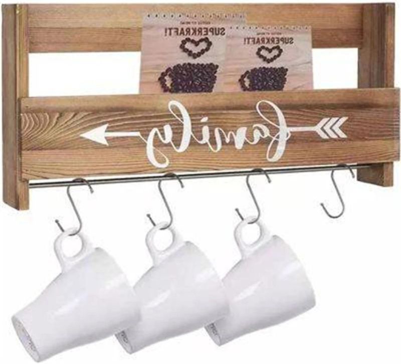 Coffee Mug Holder Wall Mounted 6 Hooks Cup Holder Rustic Mug Rack with Shelf Wood Cup Organizer