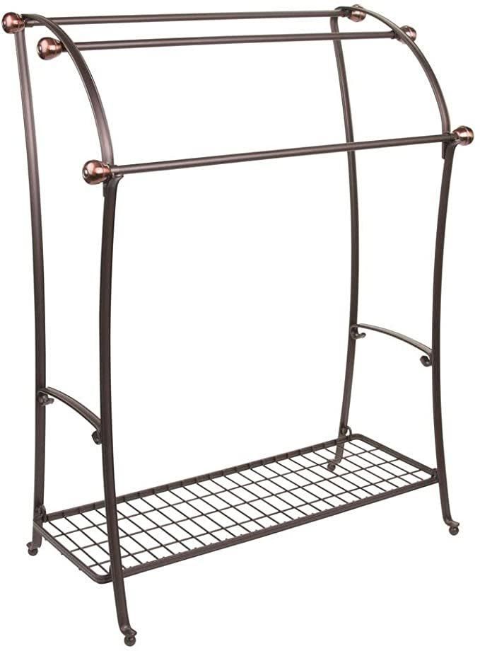 Large Freestanding Towel Rack Holder with Storage Shelf - 3 Tier Metal Organizer for Bath & Hand Towels, Washcloths, Bathroom Accessories - Bronzewarm Brown