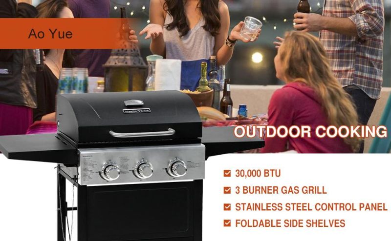 3 Burner BBQ Propane Gas Grill, Stainless Steel 30, 000 BTU Patio Garden Barbecue Grill with Two Foldable Shelves