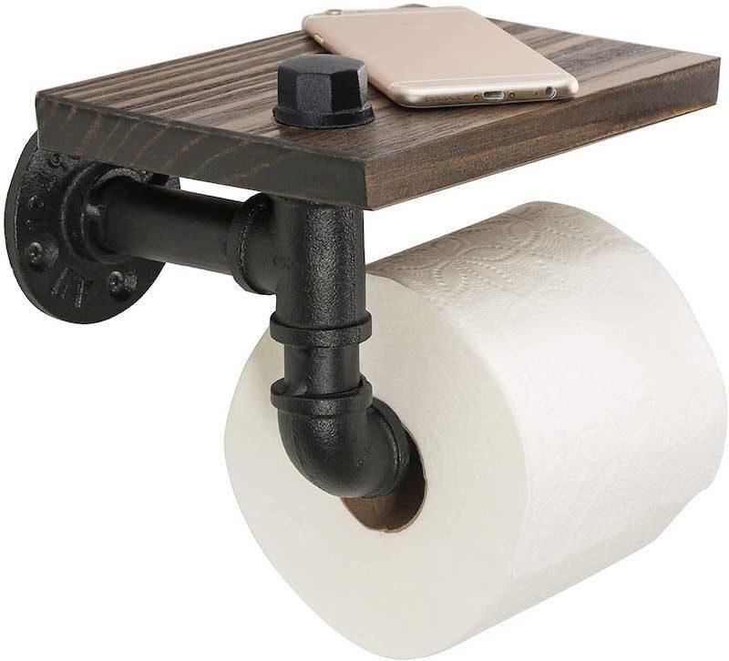 Rustic Pipe Wooden Shelf Industrial Hardware Toilet Tissue Bathroom Rack