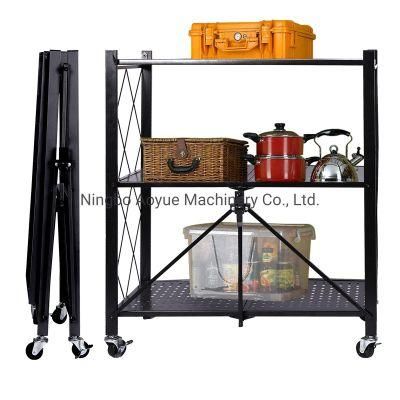 3 Tier Storage Shelves for Kitchen Foldable Storage Shelf Rack, No Assembly Storage Shelving on Wheels for Kitchen Rolling Cart