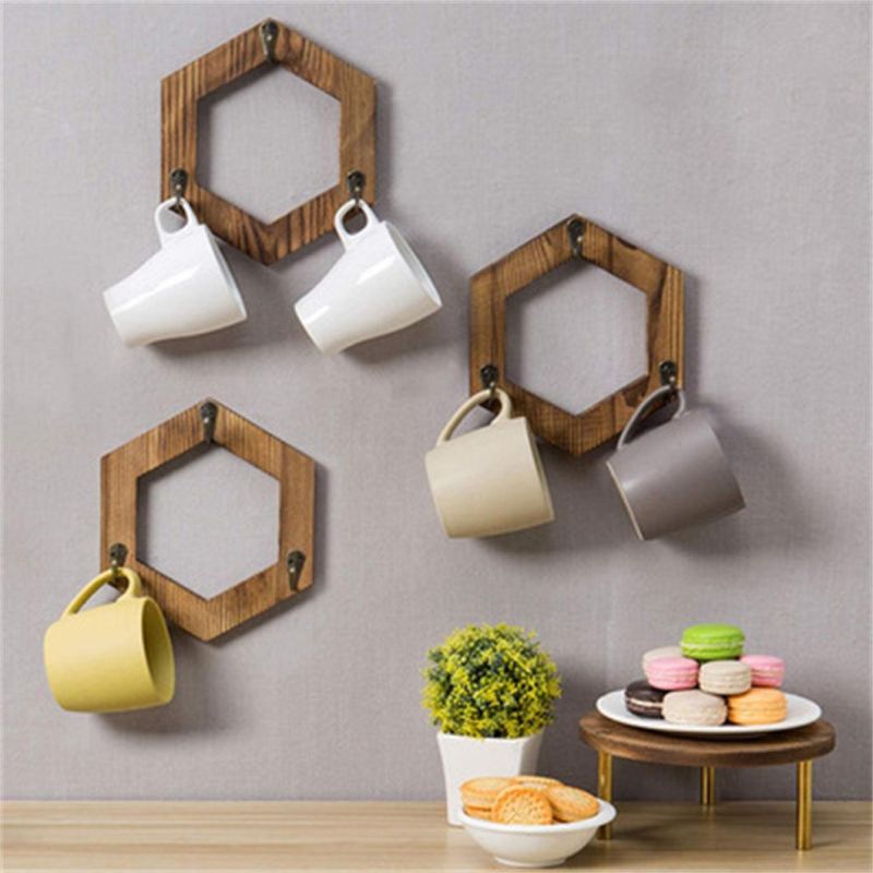 Rustic Brown Torched Wood Geometric Hexagon Wall Mounted Coffee Mug Cups Holder Storage Hanging Rack