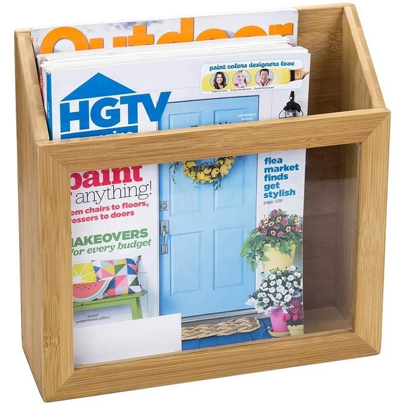 Wall Mounted Natural Bamboo & Clear Acrylic Magazine Holder Rack