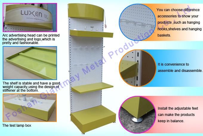 Trade Show Exhibition Floor Standing Metal Pegboard LED Light Bulb Display Rack for Showcase