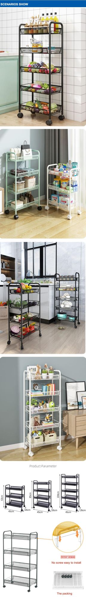 Indoor Home Sink Dish Drainer 4-Tier Metal Storage Cart Shelf Rack with Wheels