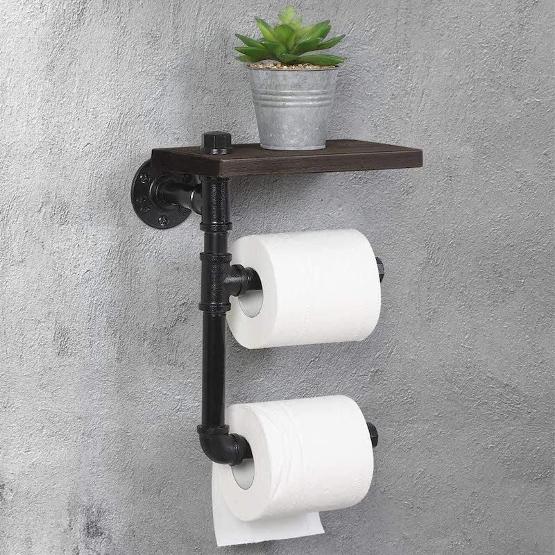 Rustic Pipe Wooden Shelf Industrial Hardware Toilet Tissue Bathroom Rack