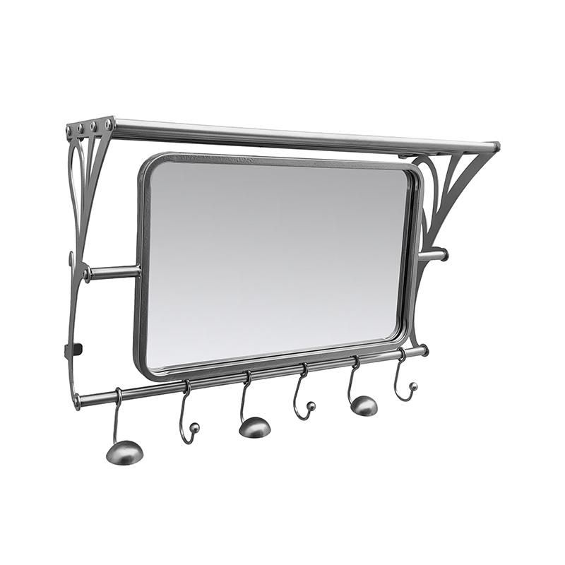 Large Rectangle Silver Metal Framed Wall Mirror with Shelf and Towel Rack for Bathroom Decor