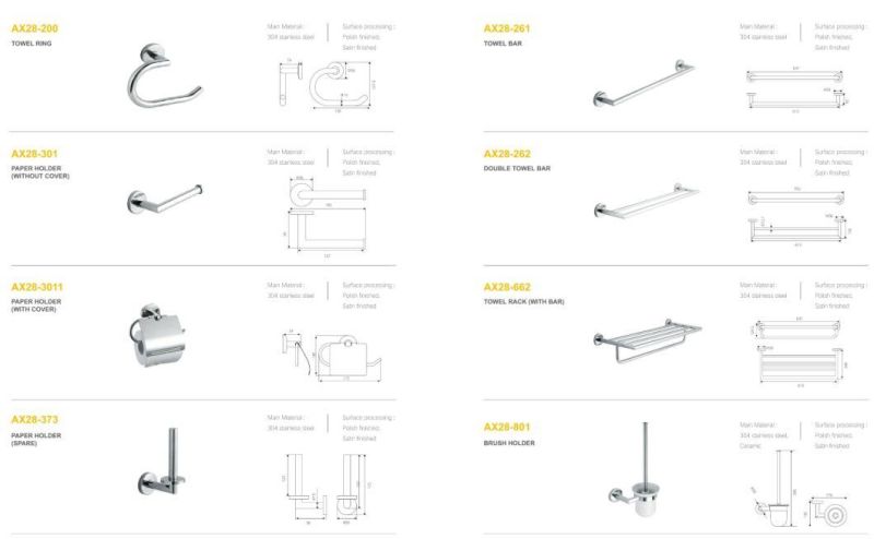 Stainless Steel Toilet Bathoom Accessory 5 or 6 Set