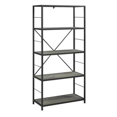 Natural Stained Acacia Wood Bookshelf with Rustic Metal Finished Iron Etagere Accents