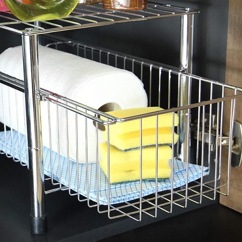 2 Tier Under Sink Multipurpose Storage Organiser Wire Rack with Sliding Basket Drawer