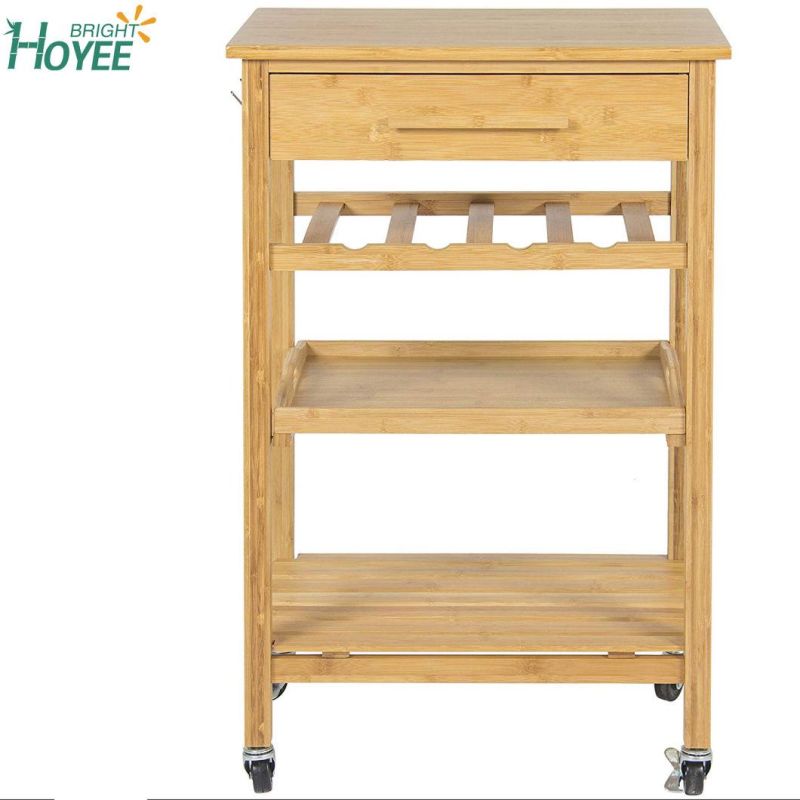 Rolling Wood Kitchen Storage Cart Rack with Drawer Shelves Wine Rack