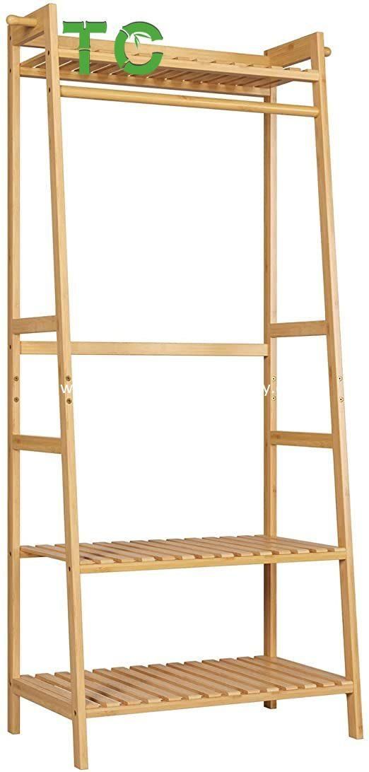 Wholesale Bamboo Clothes Rack Coat Stand, Large Garment Rack with Top Shelf and 2-Tier Shoe Clothing Storage Organizer Shelves