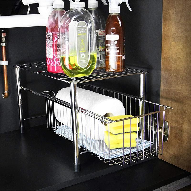 2 Tier Under Sink Multipurpose Storage Organiser Wire Rack with Sliding Basket Drawer