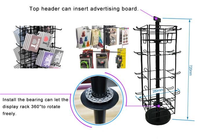 Tabletop Metal Rotating 4 Sided Wire Shelving Hanging Display Exhibition Rack with Hooks