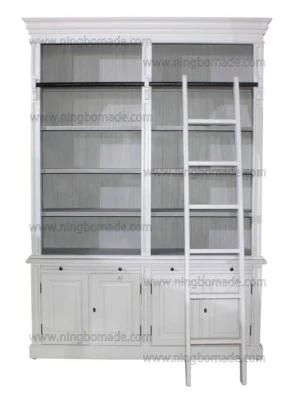 Antique Nordic Classic Furniture Light Grey and Dark Grey Inside Solid Wood Four Doors Four Drawers Bookcase with Ladder