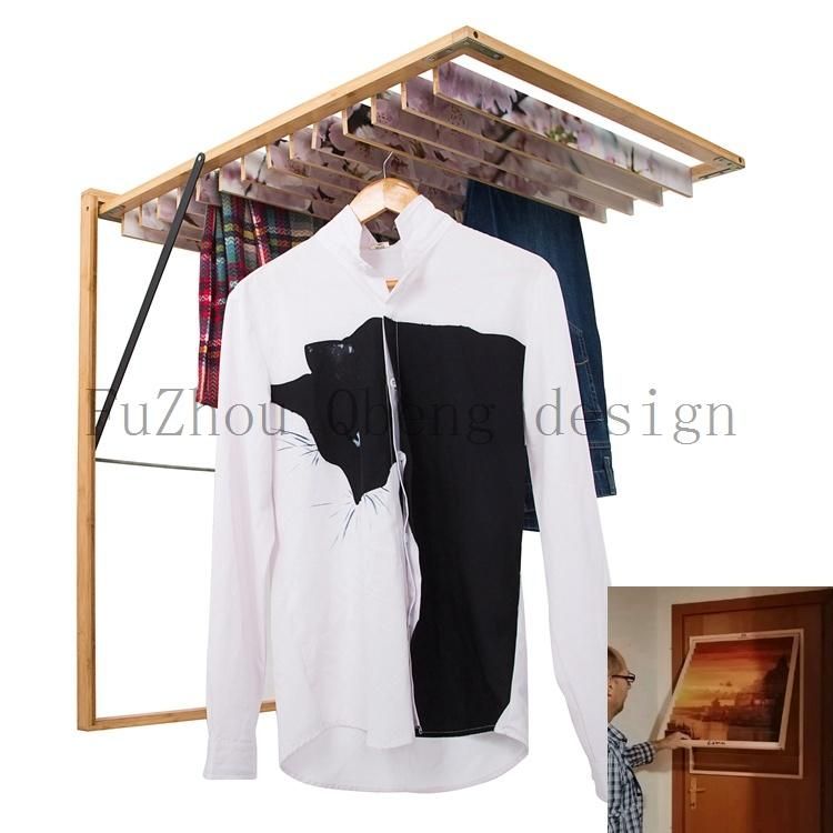 2021 Hanging Scroll Paintings Save Space Bamboo Foldable Hidden Drying Laundry Collapsible  Indoor Cloth Storage Rack