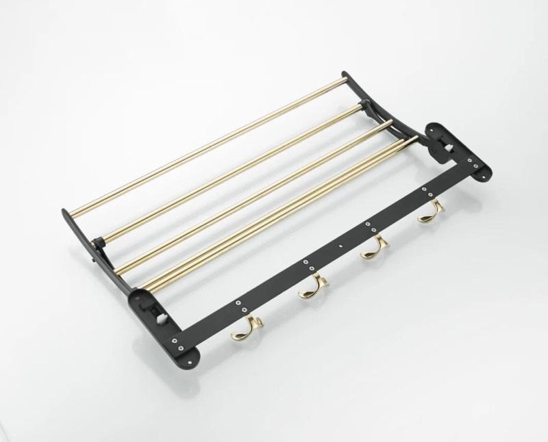 Nail Free Foldable Brass Bath Towel Rack Active Bathroom Towel Holder Shelf with Hooks Bathroom Accessories