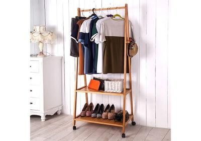 Multi-Function Bamboo Garment Laundry Storage Hanger Cloth Rack with Rolling Wheel for Entryway and Bed Room