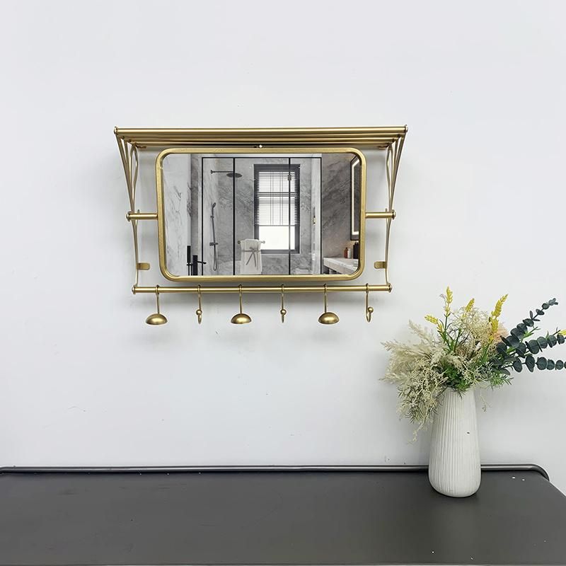 Large Rectangle Golden Metal Framed Wall Mirror with Shelf and Towel Rack for Bathroom Decor