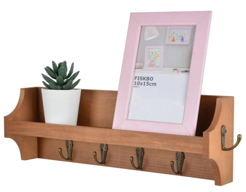 Wall Mounted Wooden Storage Shelf with 6 Hooks for Homeware