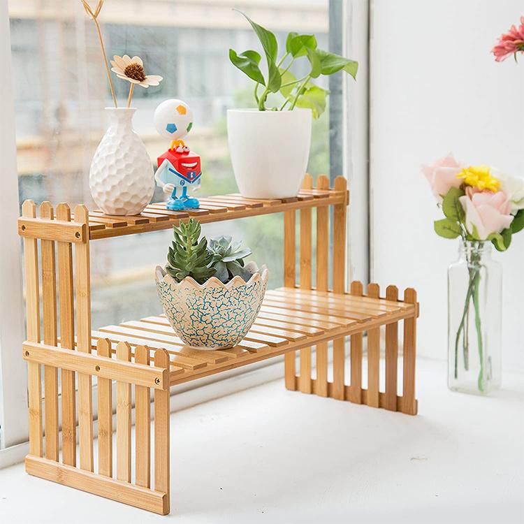 Standing Display Garden Planter Holder Flower Pot Tabletop Natural Bamboo Plant Stand 2 Tier Desktop Shelf Rack