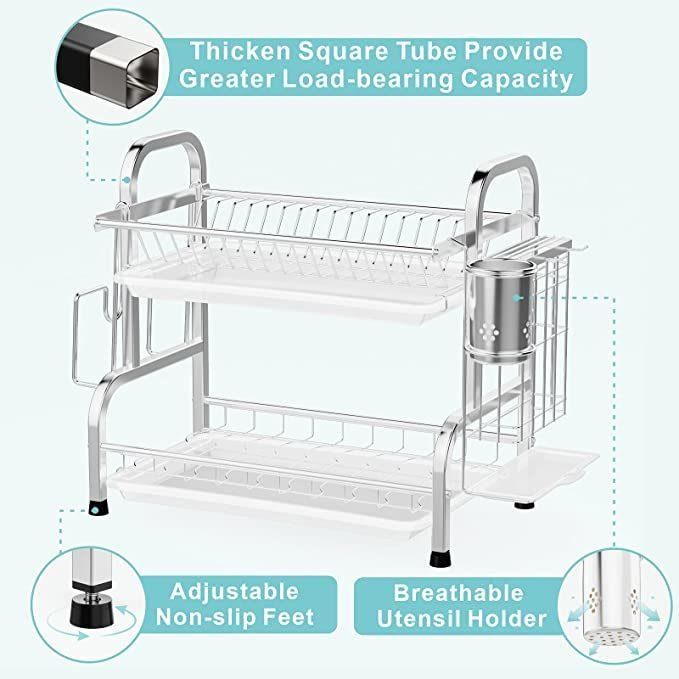 Dish Drying Rack, Ispecle 304 Stainless Steel 2-Tier Dish Rack with Utensil Holder, Cutting Board Holder and Dish Drainer for Kitchen Counter