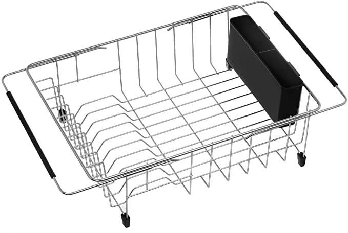 Expandable Deep & Large Dish Drying Rack, Over The Sink, in Sink or on Counter Dish Drainer with Black Removable Utensil Silverware Holder, Rustproof Stainless