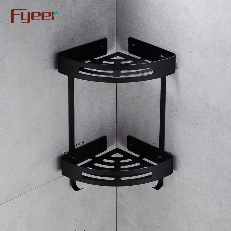 Fyeer Bathroom Accessory Matt Black Aluminum Double Tier Corner Shelf