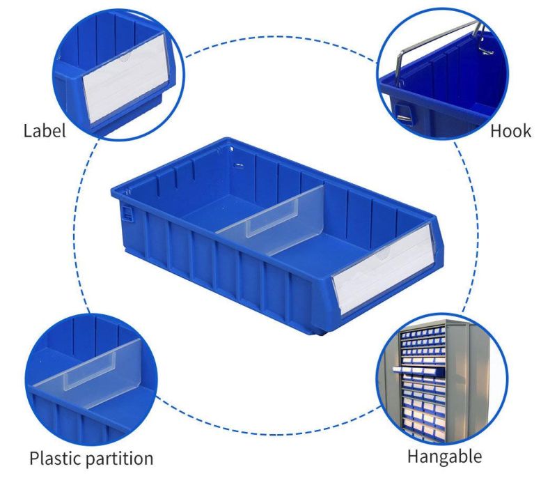 China Multi-Functional Industrial Stackable Workshop/Warehouse/Garage/ Vertical Lift Storage Hardware Spare Parts Plastic Shelf Tray with Dividers/Partition