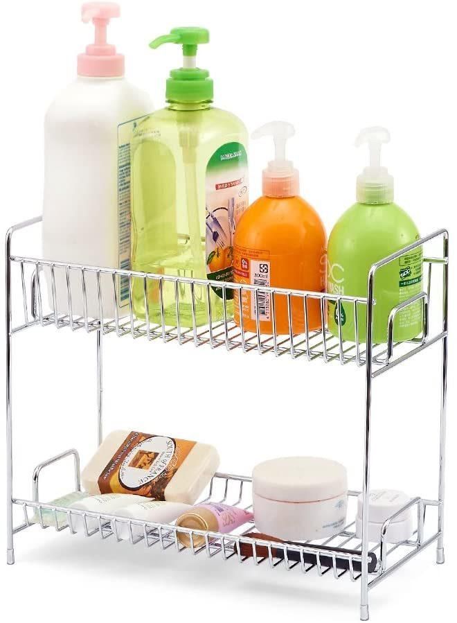 2-Tier Standing Spice Seasoning Rack, Jars Bottles Cans Storage Organizer Holder Shelf for Kitchen Pantry Bathroom Countertop - Chrome