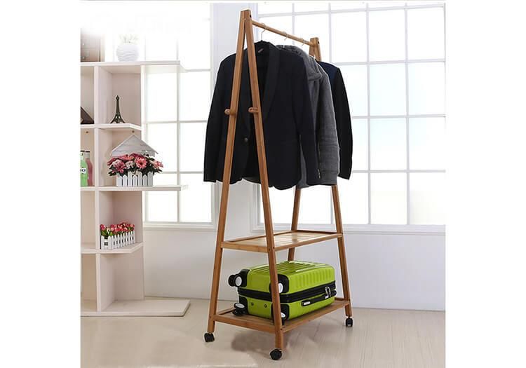 Multi-Function Bamboo Garment Laundry Storage Hanger Cloth Rack with Rolling Wheel for Entryway and Bed Room