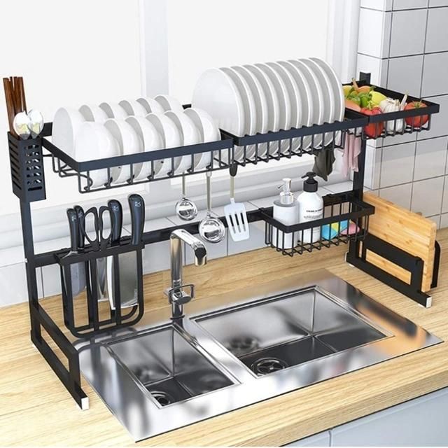 Drying Dish Drainer 201 Stainless Steel Kitchen Dish Rack with Utensil Holder Countertop Organizer, Non-Slip, Black