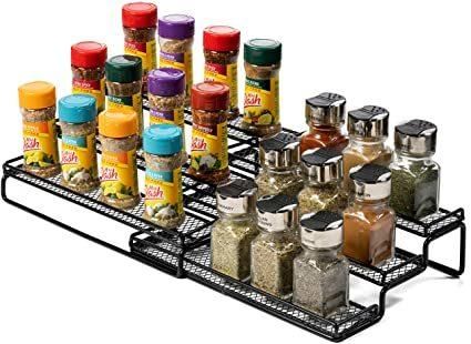 Gongshi 3 Tier Expandable Spice Rack Organizer for Cabinet Pantry or Countertop (12.5 to 25"W) Kitchen Step Shelf with Protection Railing (Black)