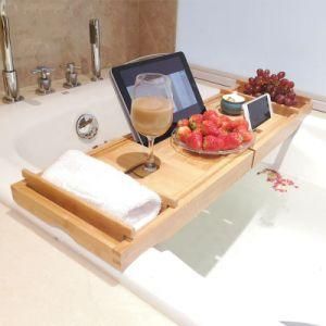 Bathtub Rack Bamboo Extendable Bath Caddy Trays with Book Wine Holder Bamboo Product
