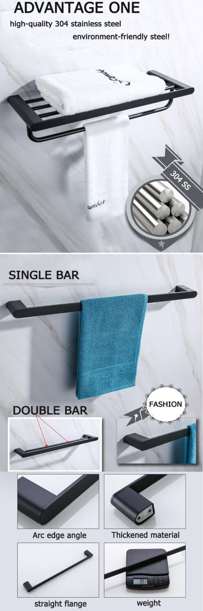 Foshan Factory Hardware Black 304 Ss Material Towel Rack for Bathroom