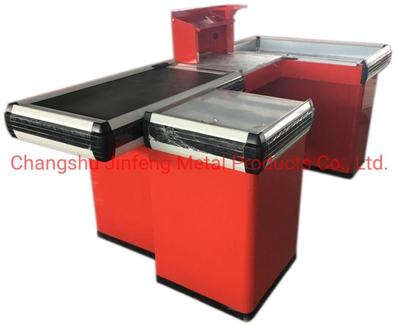 Supermarket Shelf Metal Checkout Counter Electrical Cashier Desk with Conveyor Belt