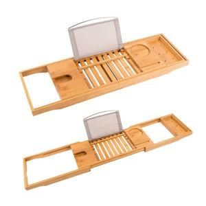 Eco Friendly Bamboo Product Caddy Tray and Bath Tray Adjustable Fold Non-Slip Bathtub Shelf Frame Extending Both Sides Bathroom Rack Wine Rack