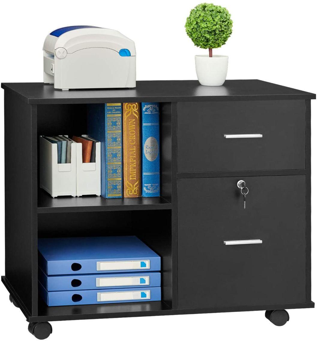 3-Drawer Mobile Lateral Filing Cabinet, Printer Stand with Open Storage Shelves for Home Office, Black