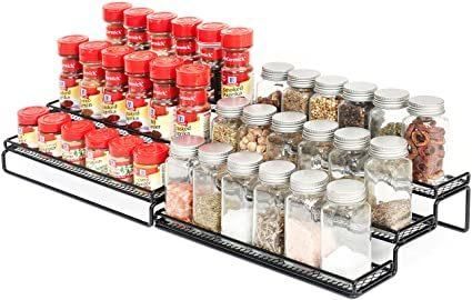 Gongshi 3 Tier Expandable Spice Rack Organizer for Cabinet Pantry or Countertop (12.5 to 25"W) Kitchen Step Shelf with Protection Railing (Black)