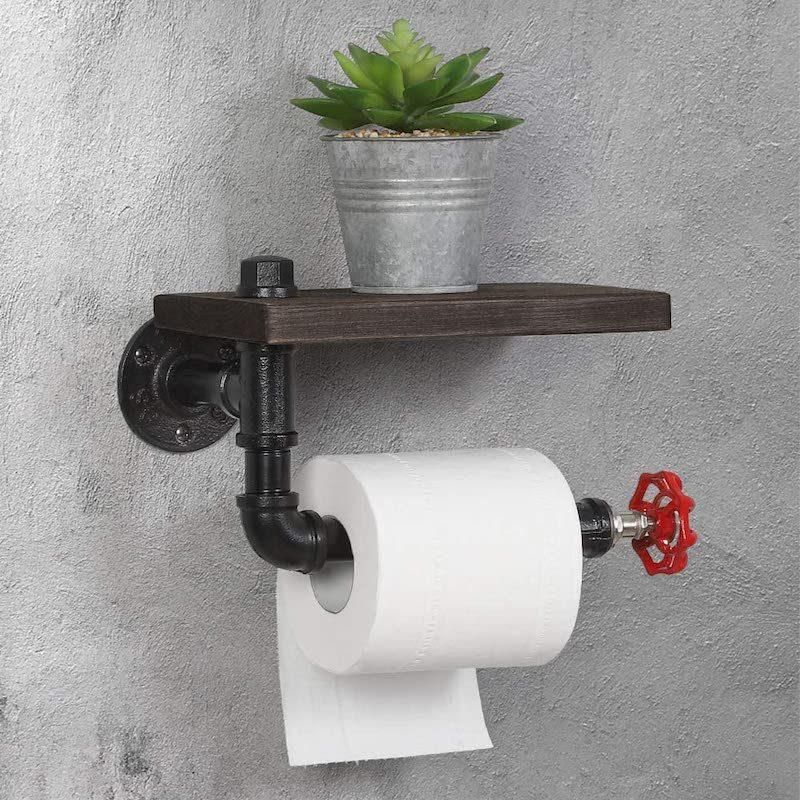 Rustic Pipe Wooden Shelf Industrial Hardware Toilet Tissue Bathroom Rack