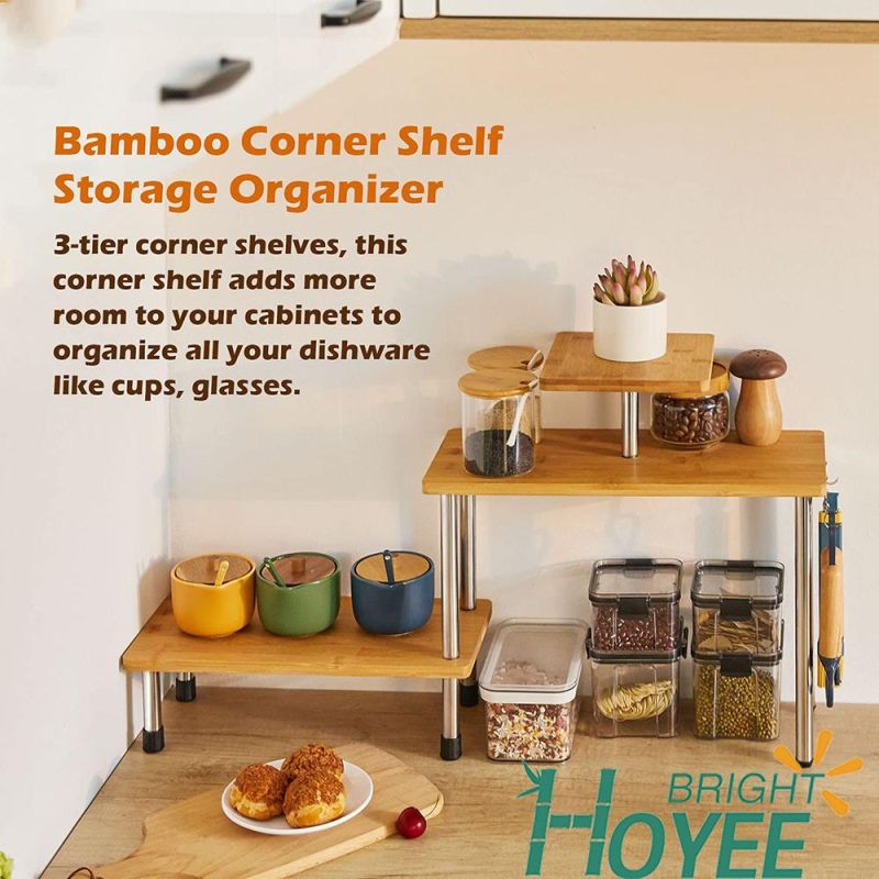 3 Tier Corner Shelf-Bamboo & Metal Storage Spice Rack-Desk Space Saving Organizer