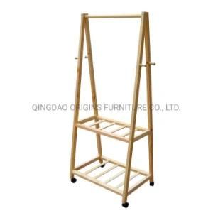A5105 Living Room Furniture Wood Bamboo Coat Hanger Stand, Cloth Drying Rack with 2 Tier Display Shelves
