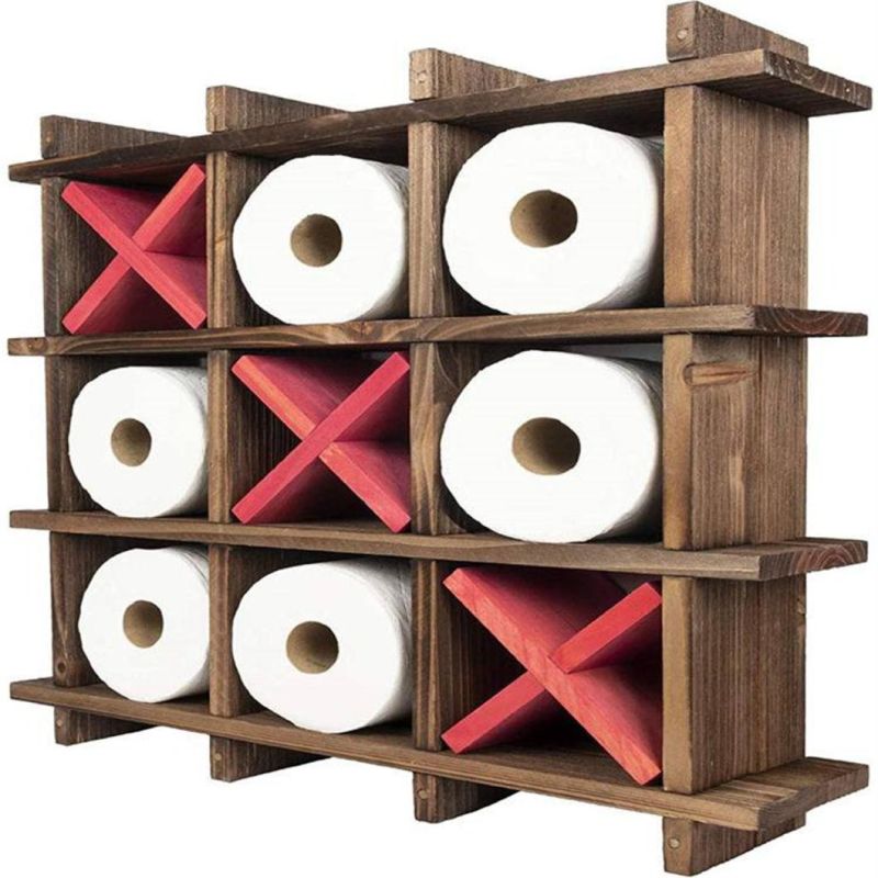 Rustic Paper Wooden Bathroom Kitchen Organizer Rack Wall-Mounted Tissue Paper Roll Holder