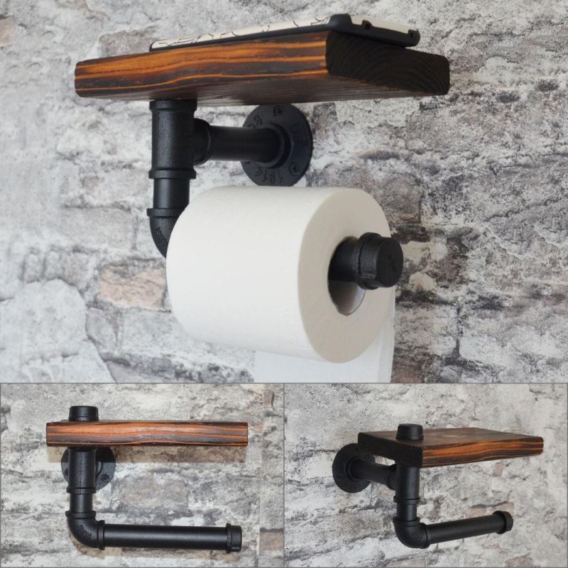 Industrial DIY Black Pipe Wallmount Toilet Paper Towel Holder Metal Pipe Fittings Bsp Threaded with Floor Flange